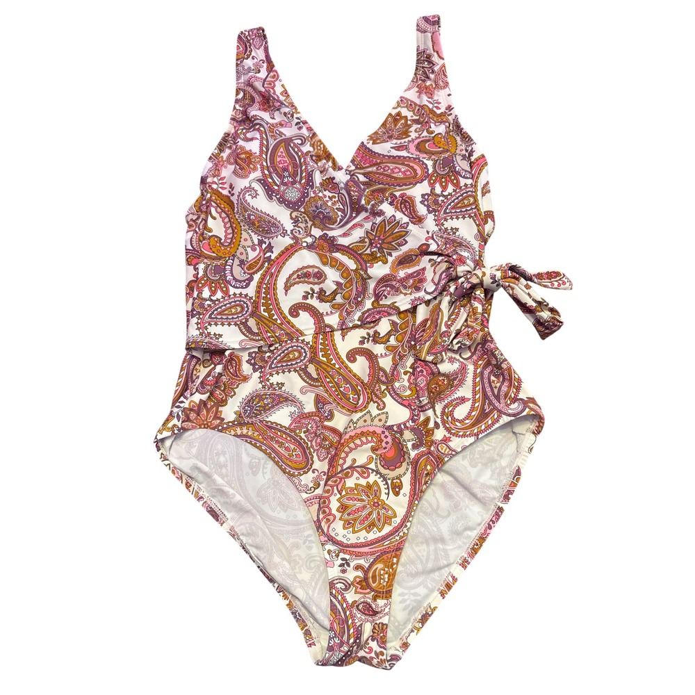 Shade & Shore Paisley Wrap One Piece Swimsuit Side Tie Plunge Size L 12-14